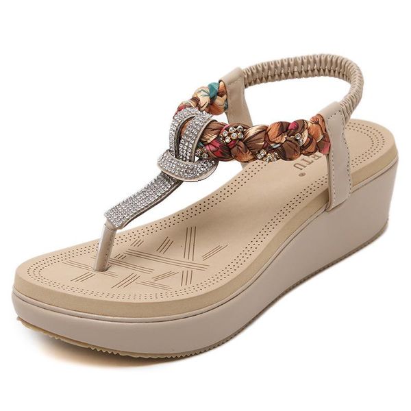 

national style women's shoes beach seaside bohemian slope with rhinestone flower cloth large size woven sandals non-slip, Black
