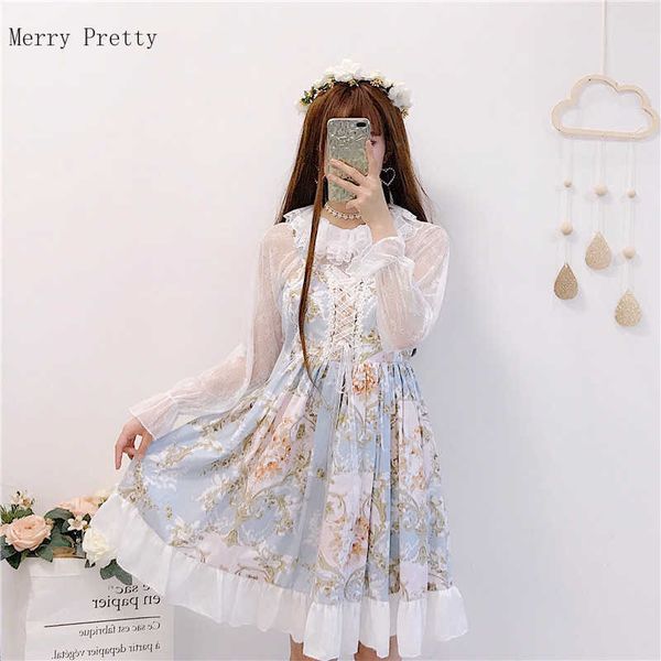 

merry pretty summer autumn women 2 pcs dress floral printed bandage cute kawaii mori girl sweet style ruffles 210526, Black;gray