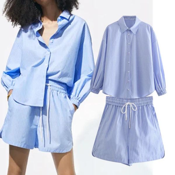 

women's tracksuits elmsk shorts women england fashion ins blogger casual striped loose blouse blusas beumuda two piece sets, Gray