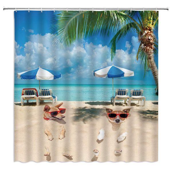 

funny dog shower curtain tropical ocean palm tree decor puppy with sunglasses buried in the beach animal pet fabric bath