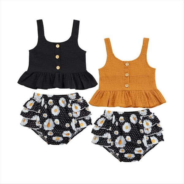 

0 4y 2pcs baby girls clothes sets solid strap sleeveless vest flowers printed shorts, White