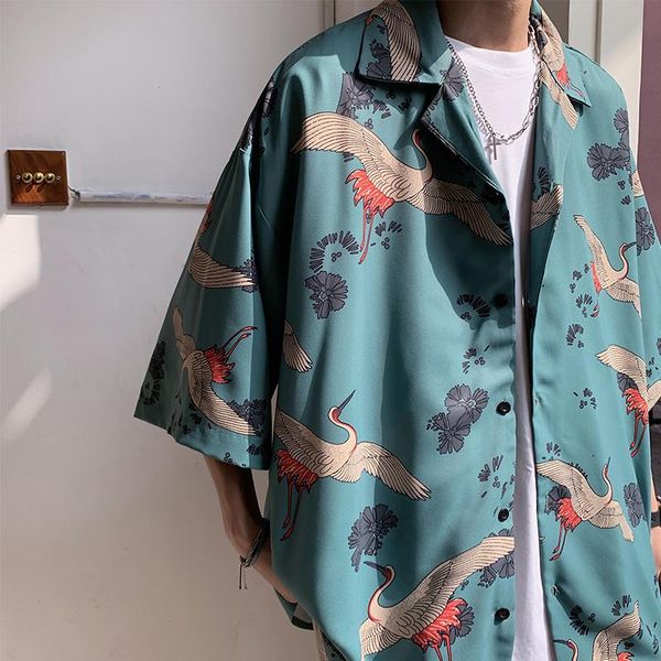 

men's casual shirts iidossan 2021 japanese streetwear harajuku men hiphop oversized grus japonensis printed short sleeve, White;black