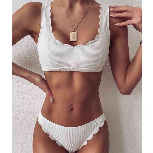 MYTENG Sexy Weißer Badeanzug Bikini Rüschen Rippen Bademode Frauen Mujer Weibliche Badeanzug 2 Stück Sommer Beachwear Biquini 210522