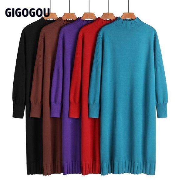 

gigogou winter long knit women maxi sweater retro thick warm turtleneck straight dress christmas party vestido 211110, Black;gray
