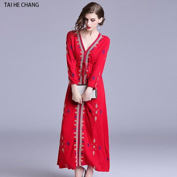

casual dresses women fashion designer autumn elegant vestidos slim bodycon bohemian vintage beach runway maxi long sleeve embroidery red dre, Black;gray