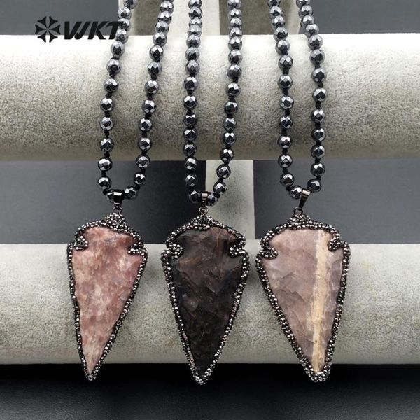 

pendant necklaces wt-nv175 wkt wholesale elegant fashion rhinestone pave jewelry arrowhead shape natural stone hematite beads necklace, Silver
