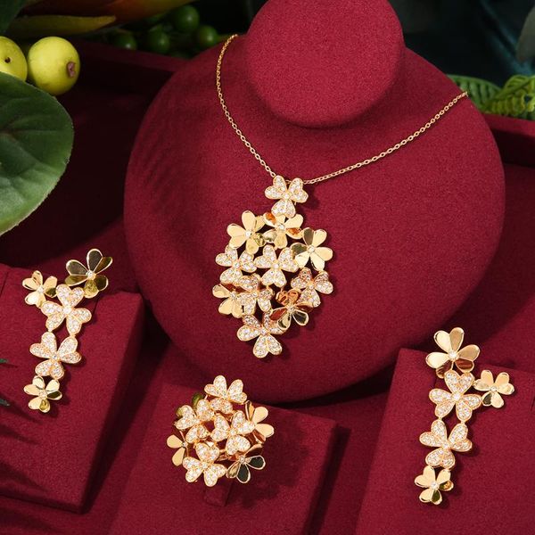 

earrings & necklace godki luxury flower cluster cubic zircon nigerian earring jewelry set for women wedding dubai bridal, Silver