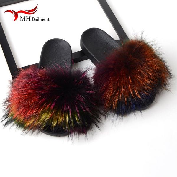 

raccoon fur slippers woman slides 2021 summer fluffy fashion women sandals platform luxury men shoes plush design slipper, Black