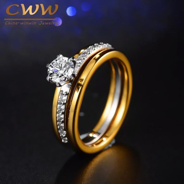 

wedding rings cwwzircons brand two tones color gorgeous cubic zirconia engagement jewelry band ring set for women r088, Slivery;golden