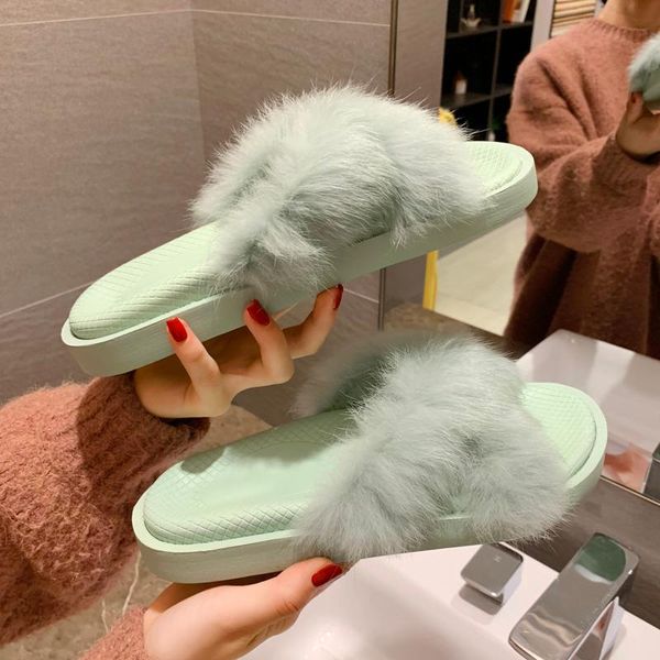 

muffins fur slippers women cross band/open toe furry slides solid carved plaid pantufas korean candy colors outdoor shoes, Black