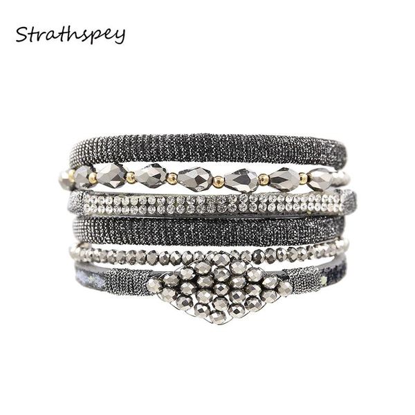 

tennis strathspey fashion women rhinestone multi rows set crystal beads pu leather wrap magnet bracelet blue/grey/red color bangles, Golden;silver