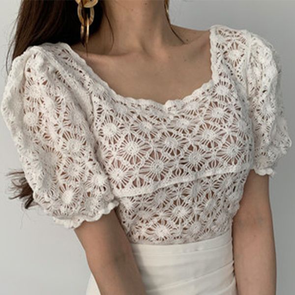 

women's knits & tees hollow mesh square collar blouse puff short sleeve see through female summer casual korean sweet lady b, White
