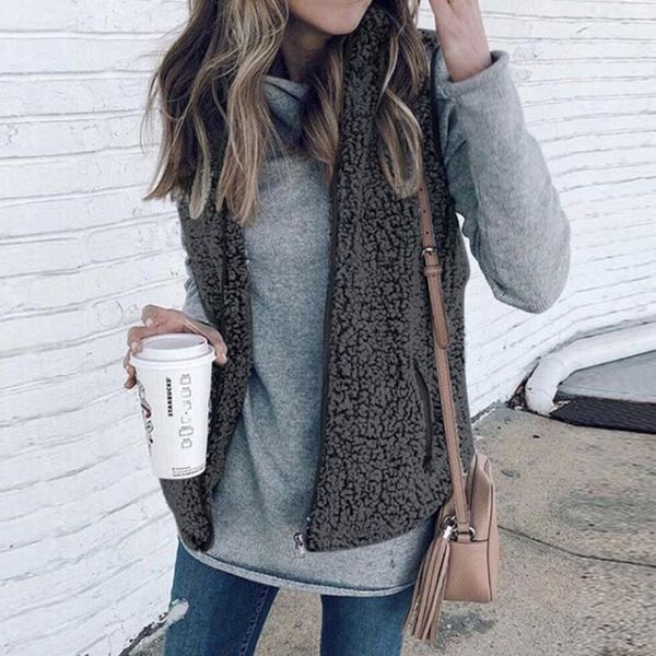 

women's vests woolen coat women short sleeveless pullover blouse open front jacket long outerwear faux fur women#40, Black;white