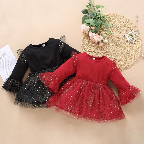 

girl's dresses autumn winter girls sweet princess dress round collar ruffle long flared sleeve sequins yarn hem, Red;yellow