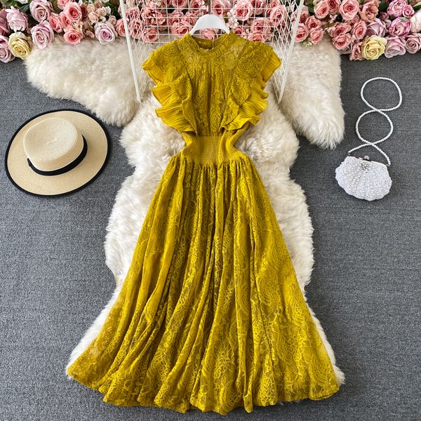 

2021vintage purple/green/red lace midi dress women sweet round neck ruffle vestidos female high waist slim robe spring autumn 2021, Black;gray