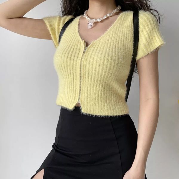 

women's jackets 2021 summer v neck slim zipper knitted cardigan women short sleeve plush female t-shirt solid color woman r1w, Black;brown