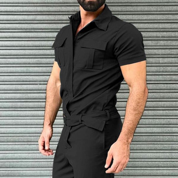 

overalls jumpsuit short sleeve mens tracksuit rompers solid color casual street style romper pocket trousers, Gray