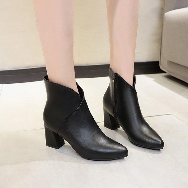 

boots women ankle elegant warm winter boot pu leather ladies shoes woman high heeled motorcycle women's, Black