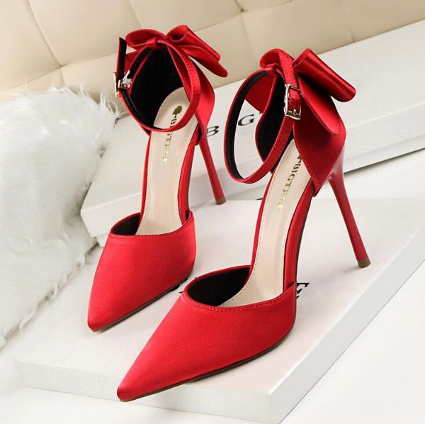 

bow woman pumps silk high heels women shoes stiletto red wedding shoes women sandals with box, Black