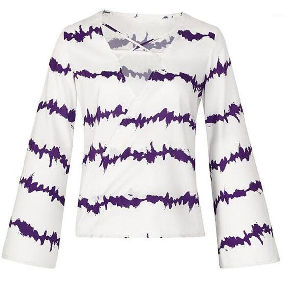 

women's blouses deep v-neck with crossed flared sleeves and loose printed shirts plus size 3xl, White