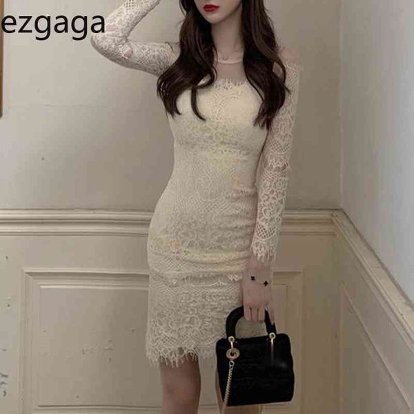 

ezgaga lace patchwork bodycon dress women hollow out long sleeve spring split ladies dress clubwear vestidos feminino 210430, Black;gray