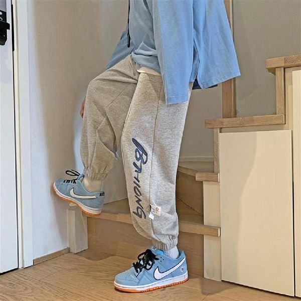 

men's casual pants spring fall loose straight embroidered bundle fashion go with fitness trousers sweatpants, Black