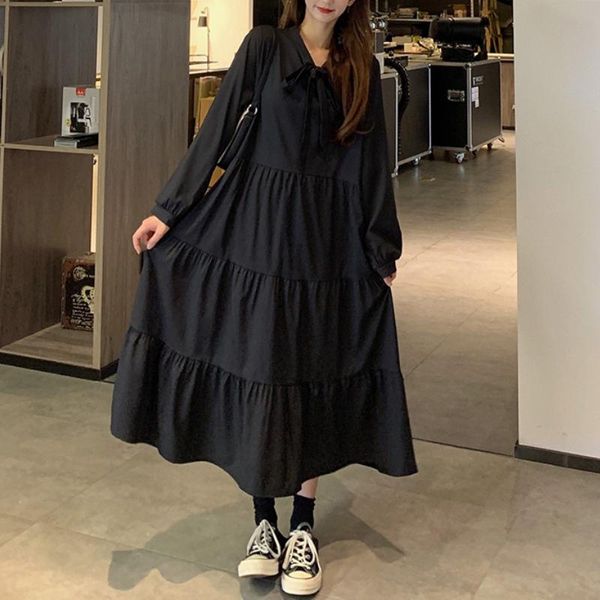 

casual dresses -4xl women autumn black long dress bow tie collar cascading ruffle loose waist a-line pullover midi, Black;gray