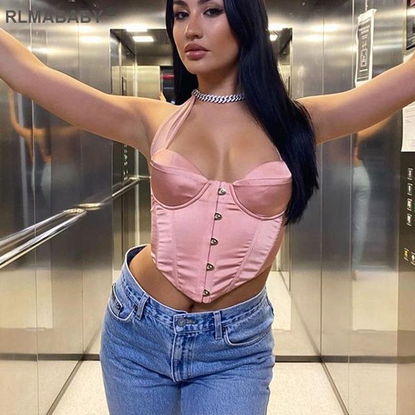

women's tanks & camis women halter corset satin cropped camisole single-breasted button backless bandage summer black casual street, White
