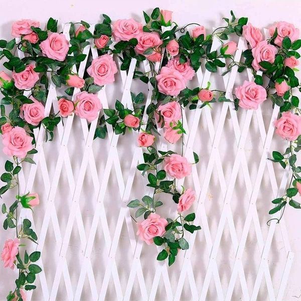 

decorative flowers & wreaths 2.4m artificial silk roses rattan string vine with green leaves for home wedding garden decoration garland wall