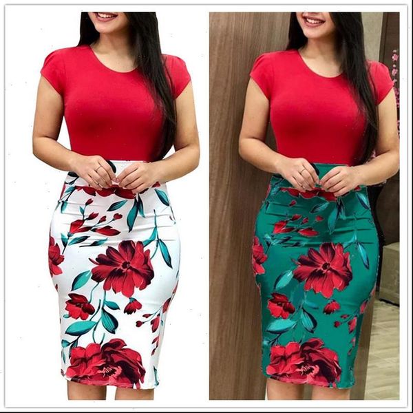 

short sleeve o neck women dress casual print patchwork slim bodycon elastic pencil office lady vestidos, Black;gray