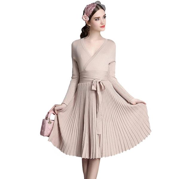 

casual dresses autumn women dress slim a-line deep v-neck vintage pleated lap elegant waist bow long sleeves solid sweaters, Black;gray