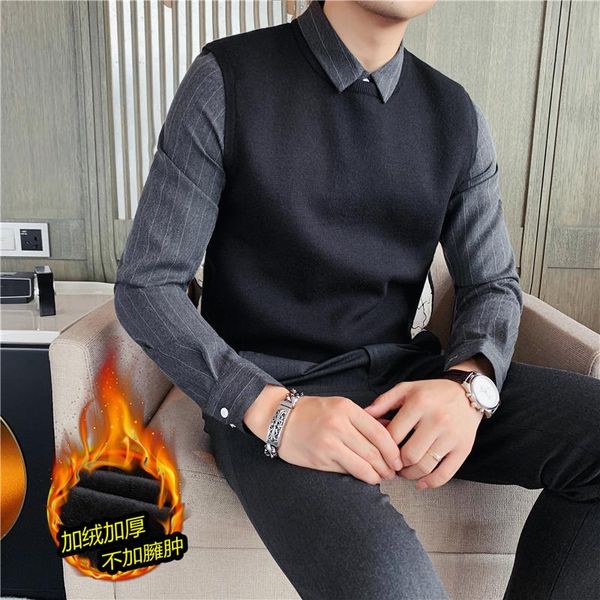 

men's sweaters 2021 autumn plus velvet thickened for sweater fake two-piece knitted waistcoat brand slim pullovers male clothing, White;black