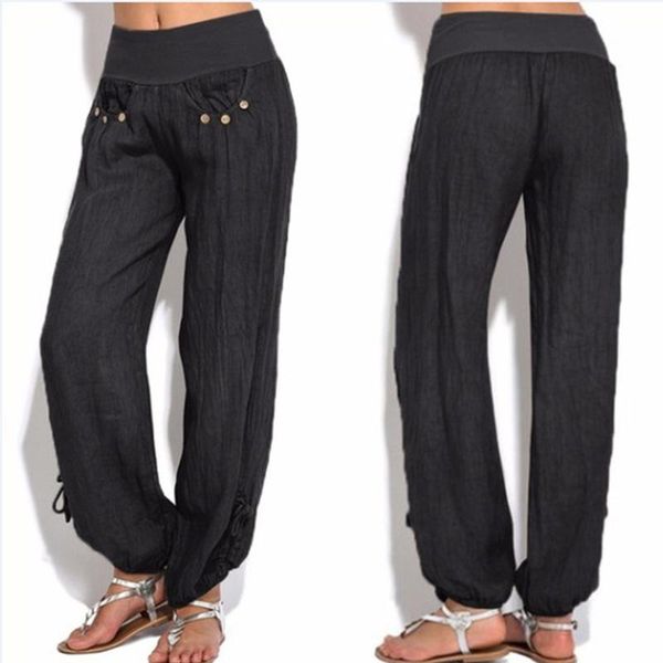

women's leggings fashion seamless solid buttons sports women casual loose trouser wide leg pants pantalon pour femme, Black