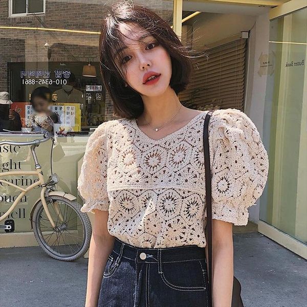 

v neck hollow crochet loose women shirts puff sleeves summer short sleeved blusas ropa de mujer, White