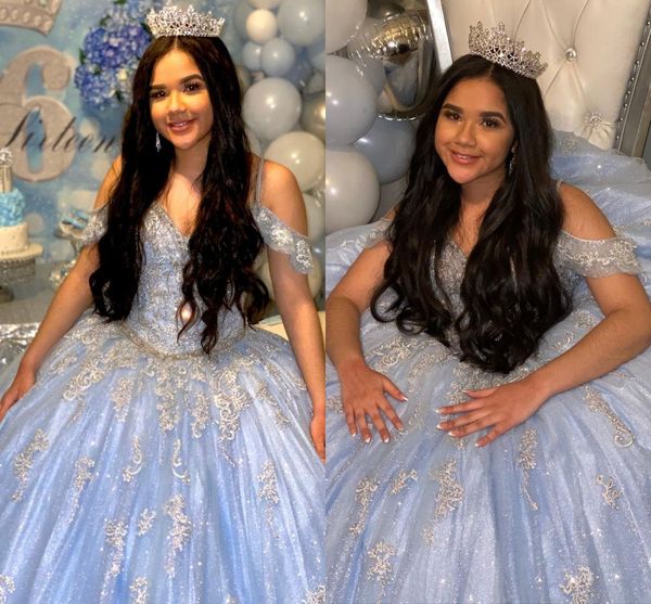 

elegant white lace light blue boho quinceanera dresses off the shoulder with sleeves ball gown crystal rhinestones sweet 15 prom eveening dr, Blue;red