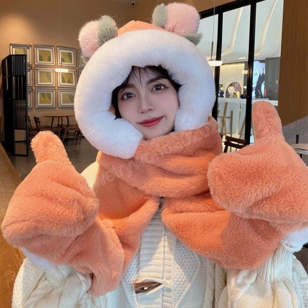 

fashion winter cap casual foulard bufanda plush warm fleece echarpe thick hat gloves scarf 3pcs set for women solid cute cashmere, Blue;gray