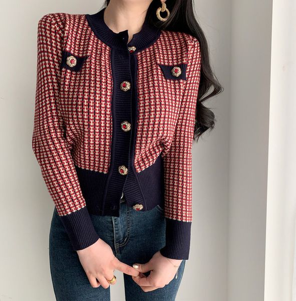 

korea spring plaid knitted cardigans chic single breasted long sleeve sweaters sweet o-neck casual coats 210518, White;black
