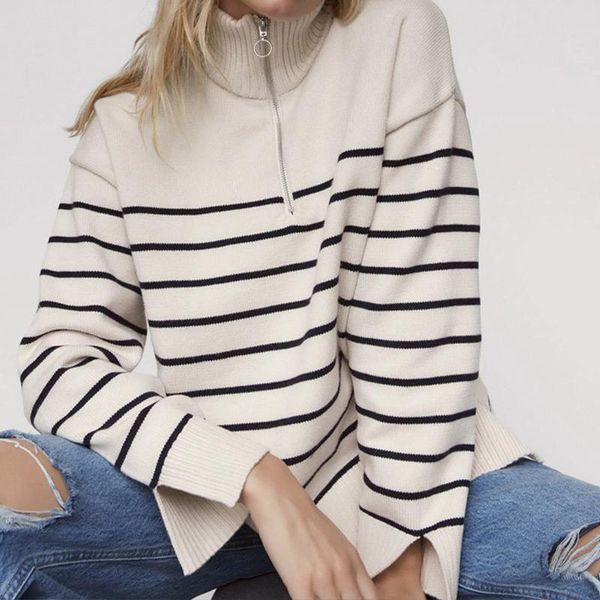 

women's sweaters women knitted sweater fashion stripe loose zipper stretch knitting vintage long sleeve asymmetry female pullover, White;black