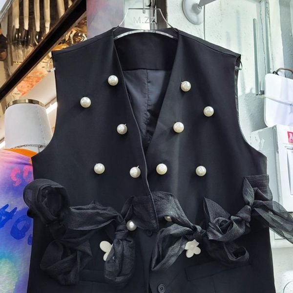 

women's vests [ewq] korea chic casual trend women v-neck pearl bow fashion loose black sleeveless vest jacket autumn 2021 16e1625, Black;white