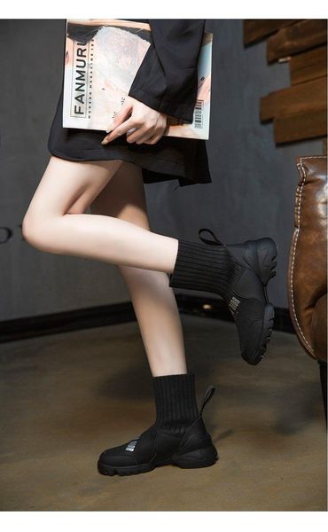 

boots 2021 autumn winter knitted stretch socks short tube single color matching thick sole women, Black