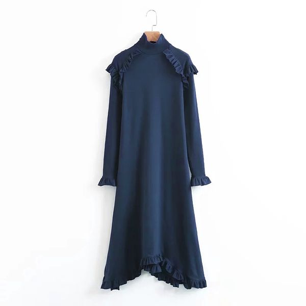 

navy blue stand collar ruffle long sleeve a line midi dress elegant solid autumn d0672 210514, Black;gray