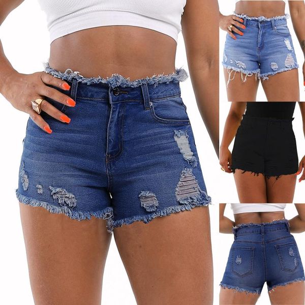 

women's jeans blue ripped shorts fashion pockets solid color denim trousers bottoming casual