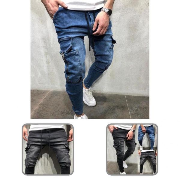 

men's jeans hip-hop terrific drawstring zipper fit autumn casual for school, Blue