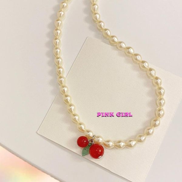 

pendant necklaces y2k jewelry pearl cherry necklace for women beads lovely harajuku vintage charms 90s aesthetic birthday gifts 2021, Silver