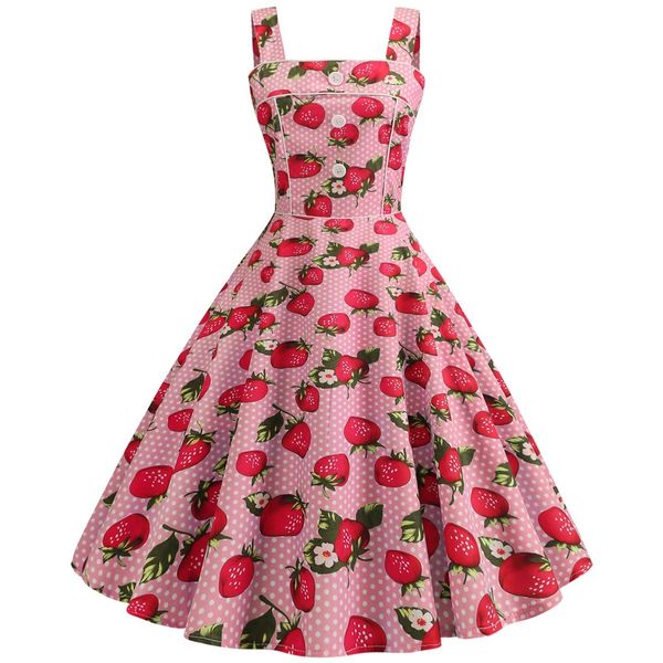 

factorydenk print women's summer sweet suspender square neck strawberry swing dress 3180, White;black
