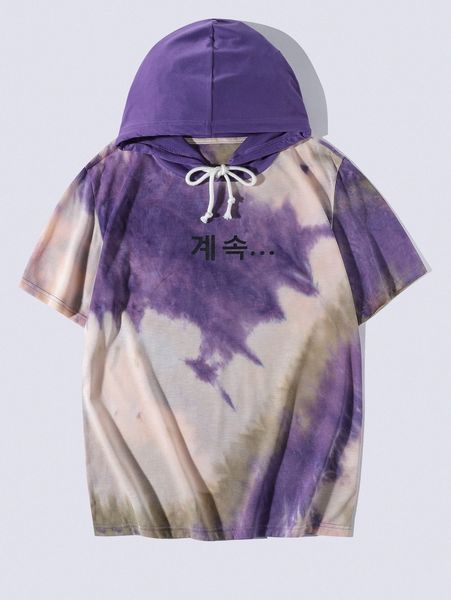 

men korean letter graphic tie dye drawstring hooded tee j8b3#, White;black
