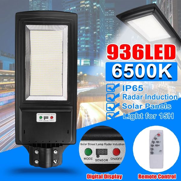 

solar powered 936led street light radar sensor digital display wall lamp waterproof garden lighting with remote control
