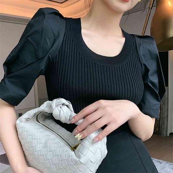 

knitted t shirts women solid french o neck puff sleeve female summer casual slim fit ladies tees 210519, White