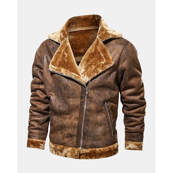 

men's fur & faux mens jacket winter thicken classic brown leather fashion lapel asymmetric zipper, Black