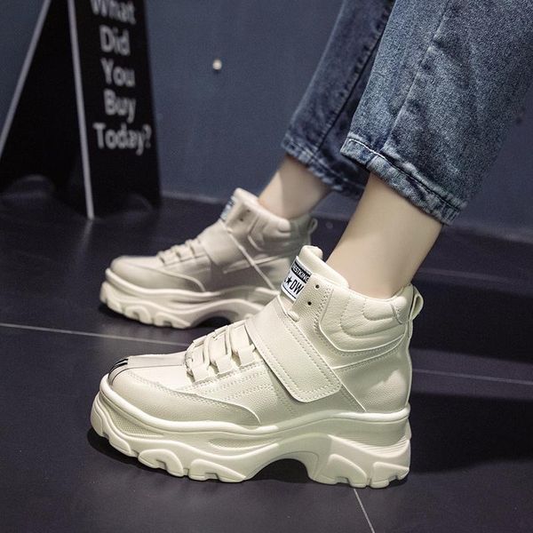 

boots women platform 2021 height increasing waterproof sneakers spring 6cm high heel thick sole trainers leather shoes, Black